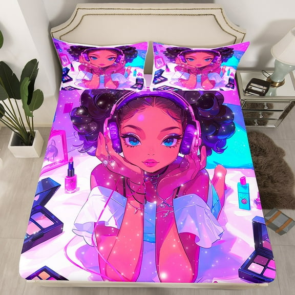 Black Magical Bedding Set Twin American African Princess Fitted Sheets Deep Pocket Colorful Bed Sheets For Teen Women Fashion Makeup Decor Sheets 1 Pillow Case