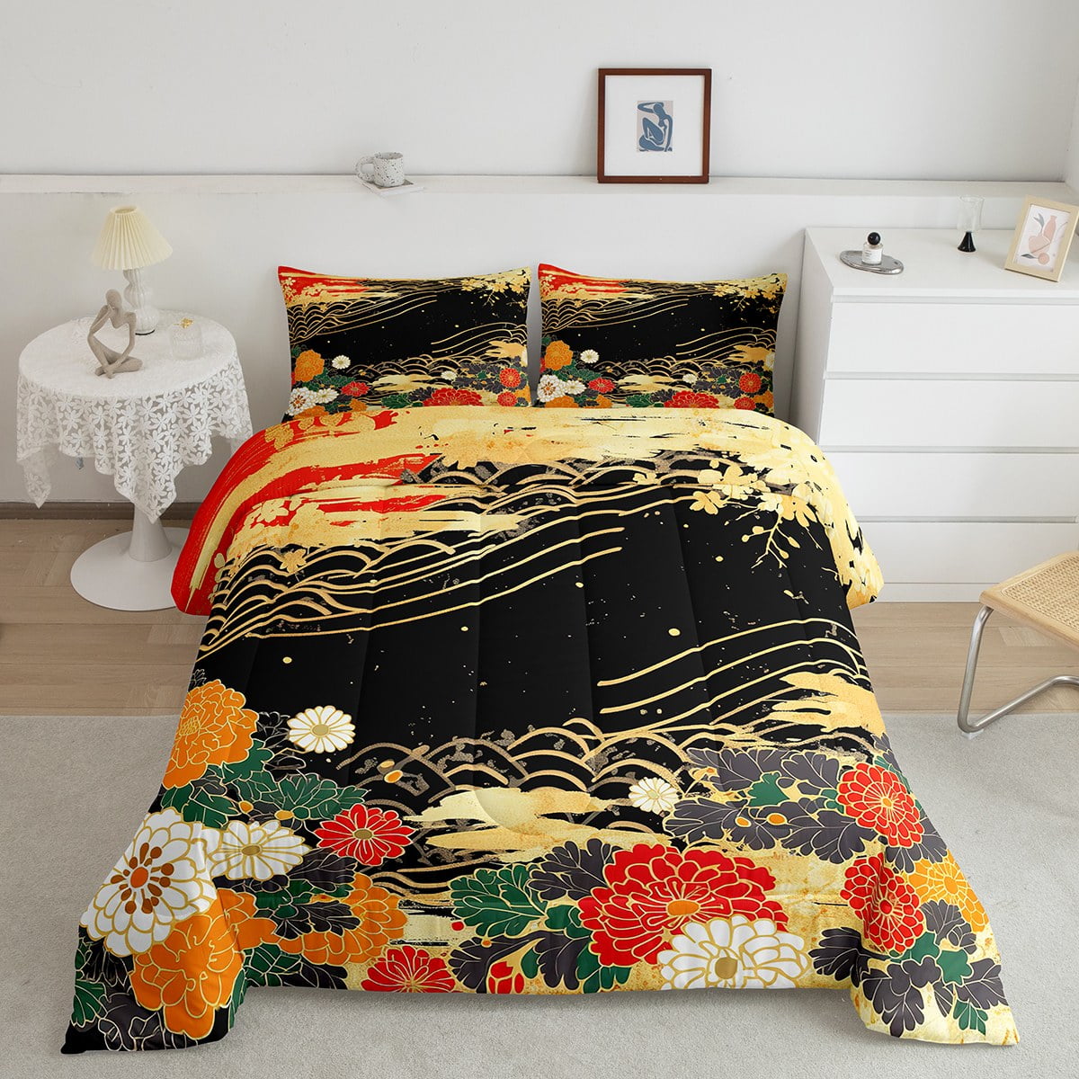 YST Black and Gold Flowers Comforter Set Queen, Vintage Botanical