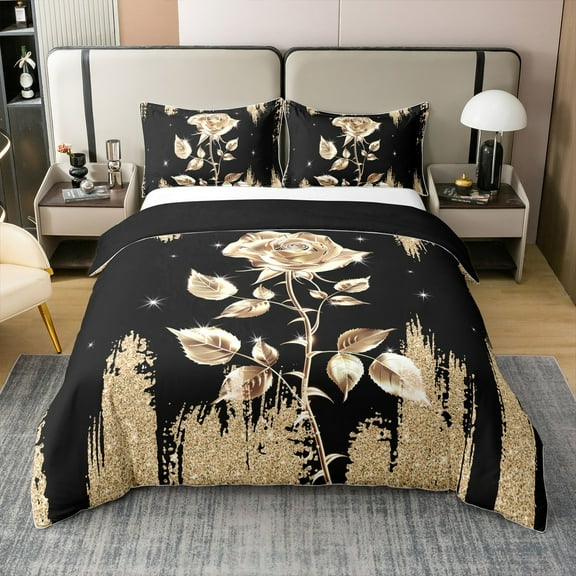 Black Gold Print Shiny 100% Cotton Duvet Cover Twin,Rose Bedding Set for Women,Galaxy Glitter Sparkle(Not Real)Bed Sets,Rose Quilt Cover with 1 Pillowcase Breathable,no Comforter