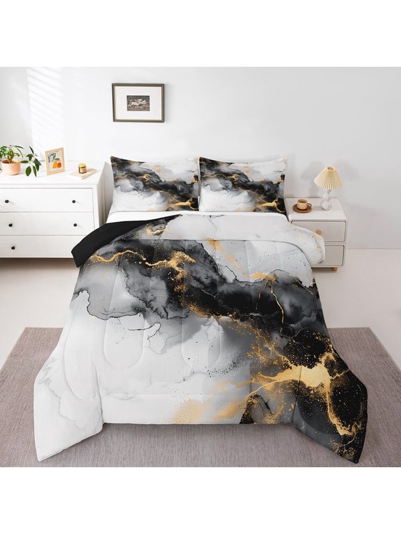 Black and Gold Queen Bedding Sets Watercolor Marble Comforter Set, Abstract Marbling Duvet Insert Stone Pattern Down Comforter, Mountain Fluid Foil Print Bedding Comforter Sets