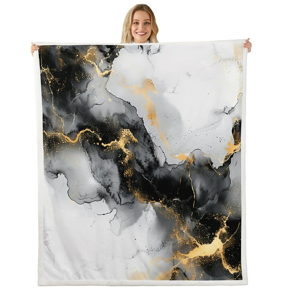 Black and Gold Sherpa Blanket Watercolor Marble Blanket,Abstract Marbling Throw Blanket for Chair Stone Pattern Fleece Blanket,Mountain Fluid Foil Print Plush Blanket