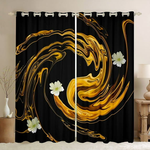 Erosebridal Black Gold Watercolor Curtains & Drapes White Flower Floral Curtains, Golden Marbling Blackout Curtains Modern Abstract Artwork Living Room Curtains, Geometric Spiral Window Curtains