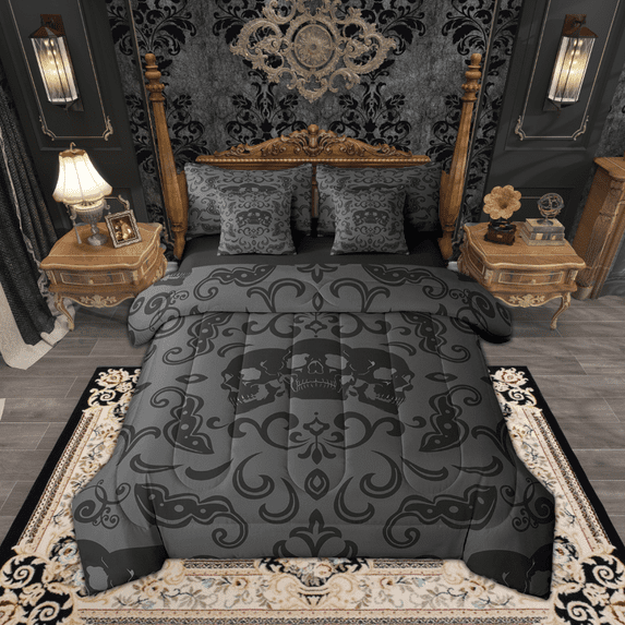 Black Gothic Skull Bedding Set 7 Piece Halloween Full Bedding Comforter Sets With Sheet Set Vintage Black Grey Damask Bed In A Bag Antique Victorian Baroque Floral Comforter Reversible