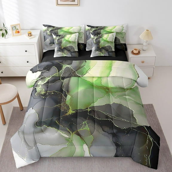 Black and Green Bedding King Size 7pcs Aesthetic Marble Comforter Set Women, Foil Print Bedding Comforter Sets Mountain Fluid Bed in a Bag, Marbling Bedding Accessories