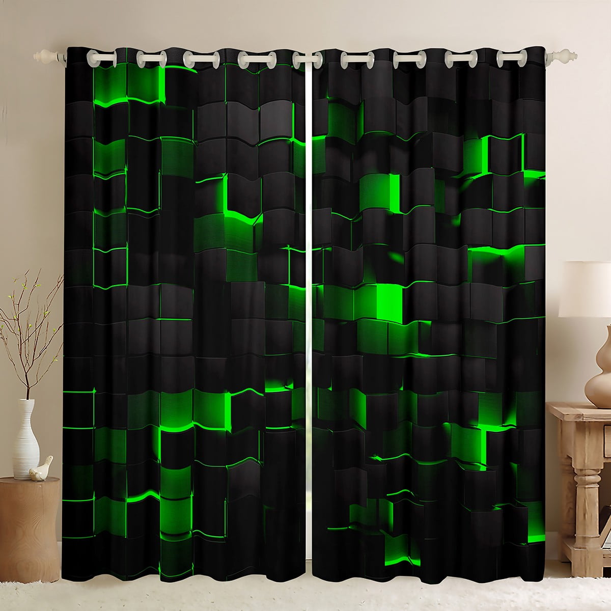 Black Green Curtains & Drapes 42"Wx63"L Geometric Check Grid 30%-50% Blackout Curtains For Bedroom Living Room,Stereoscopic Abstract Square Window Curtains Neon Plaid Curtains 2 Panels