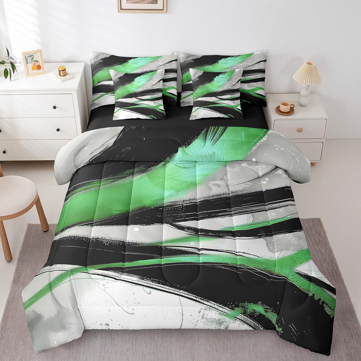 YST Black and Green Gradient Bed in a Bag 7pcs Grey Ombre Bedding Set