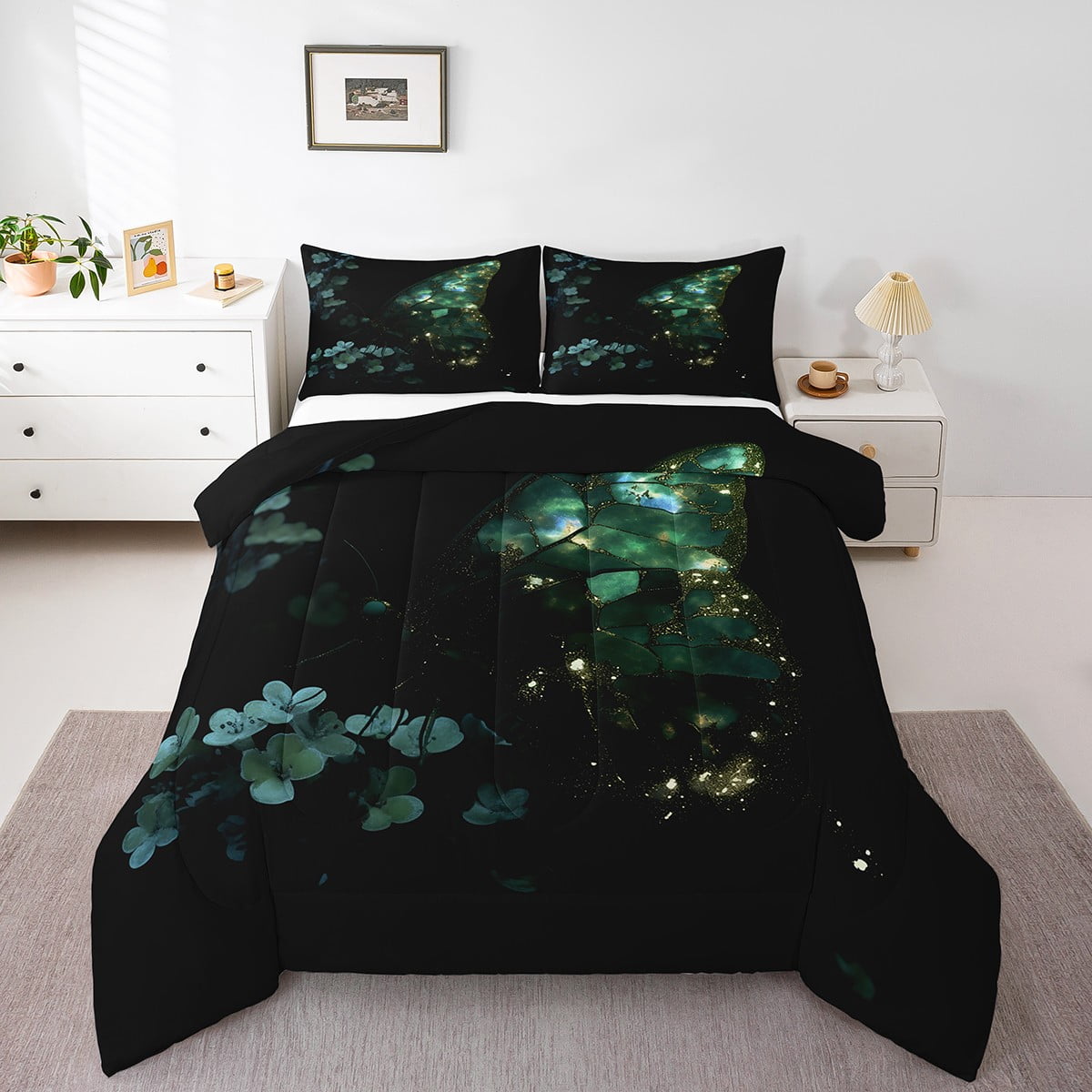 YST Black and Green Queen Bedding Sets Watercolor Butterfly Comforter