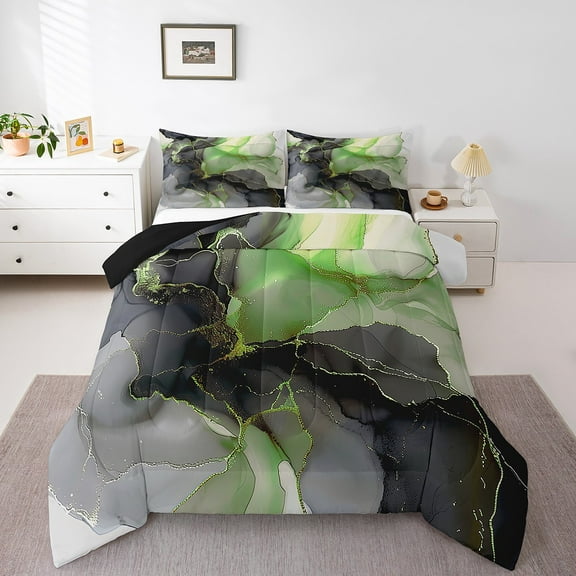 Black and Green Queen Size Comforter Set Aesthetic Marble Bedding Set Women, Foil Print Down Comforter Mountain Fluid Bed Set, Marbling Quilted Duvet