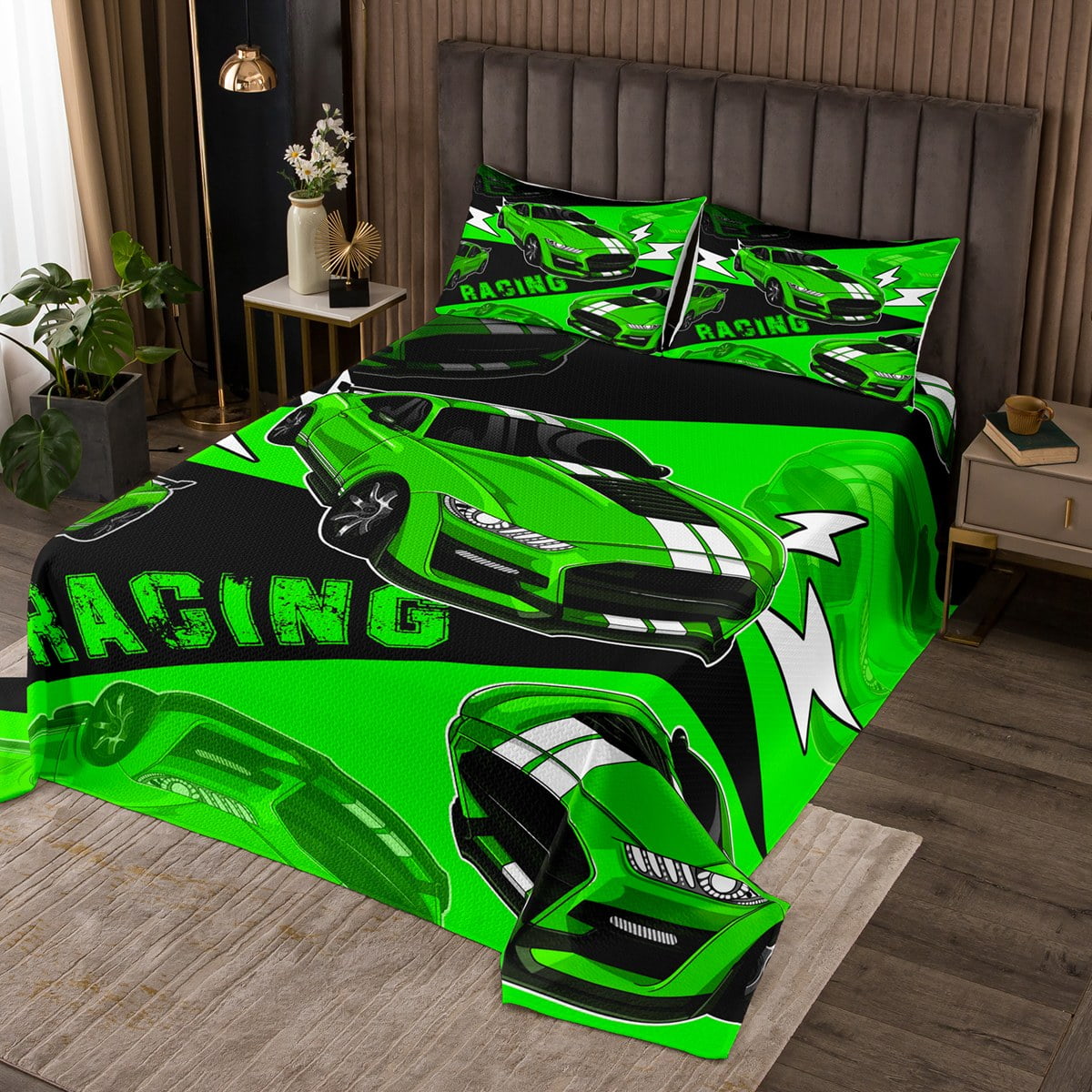 YST Black Green Race Car Bedspread Set for Boys Sports Car Quilt Set ...