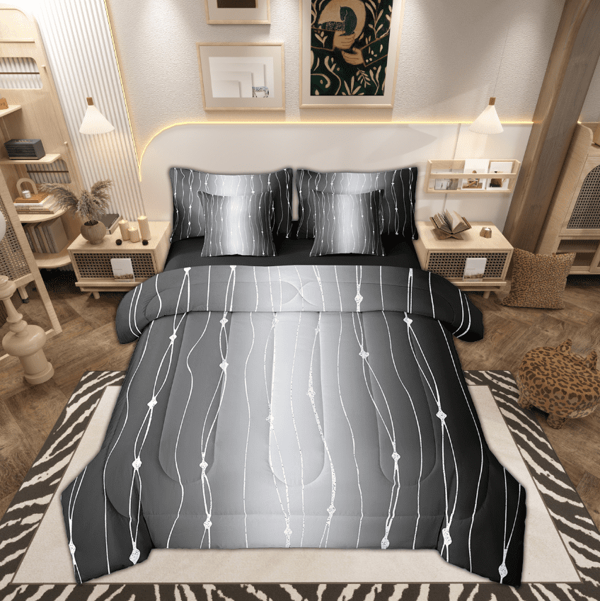 Black and Grey Bed in a Bag 7pcs Gradient Ombre Bedding Set, Wave Lines ... - Ombre Bedding Sets For Modern Luxury Apartments