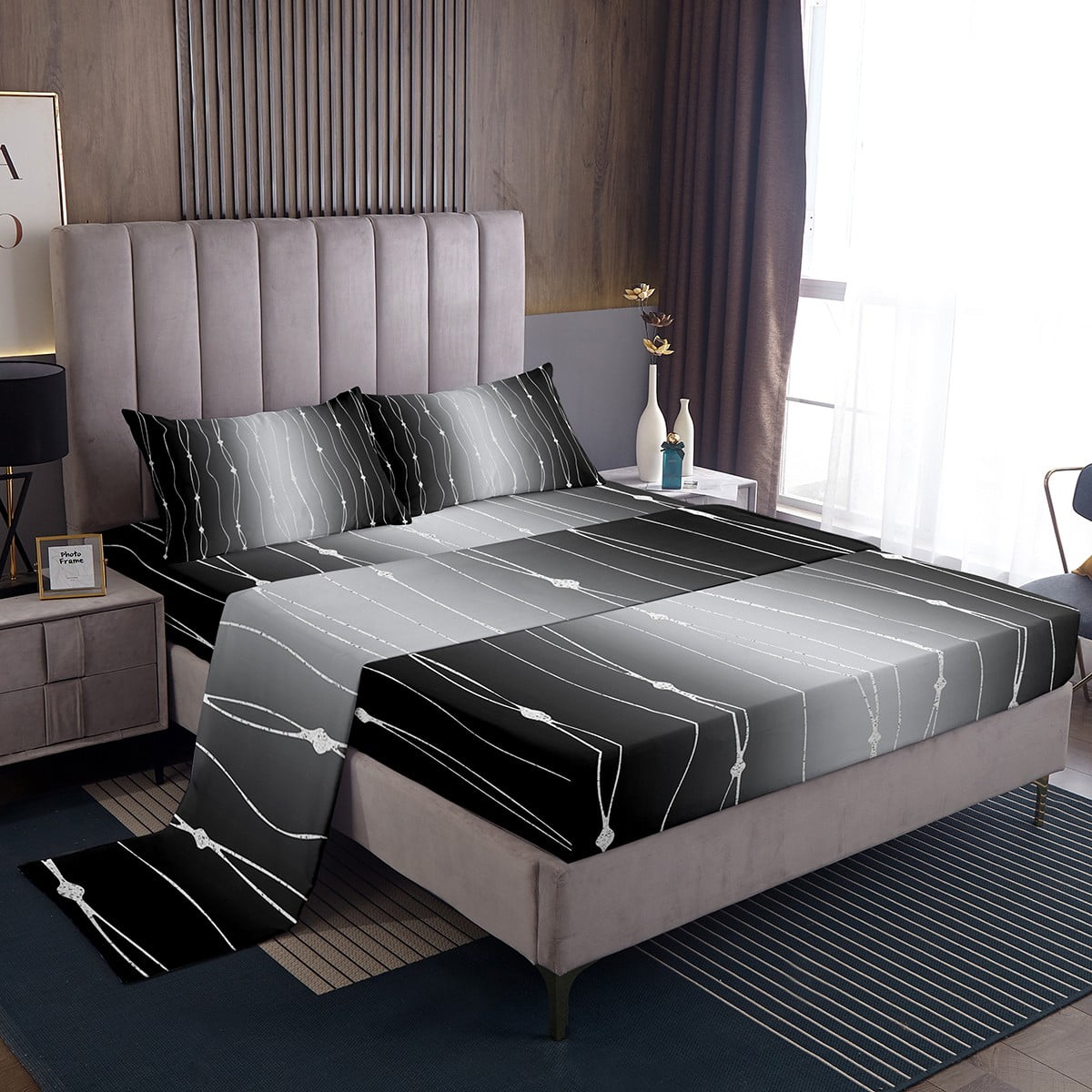 YST Black and Grey Bed Set Gradient Ombre Bed Sheets Set, Wave Lines