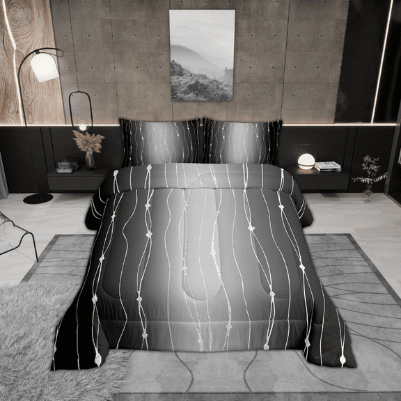YST Black and Grey Bedding Full Gradient Ombre Comforter Set, Wave Lines Dots Down Comforter Aesthetic Geometry Bedding Comforter Sets Modern Abstract Duvet Insert Bedroom Decoratives 3-Piece