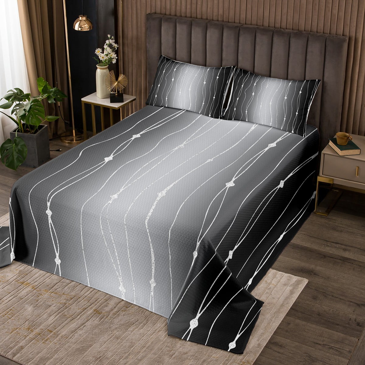 Black and Grey Bedspread Twin Size Gradient Ombre Quilt Set, Wave Lines