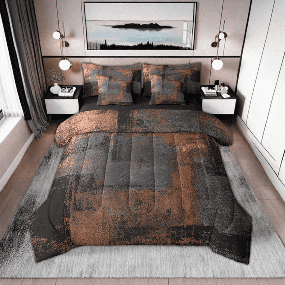 Black Grey Brown Twin Comforter Set Men 7 Piece Grunge Ombre Geometric Bedding Set With Sheet Set,Pillow Covers Modern Abstract Graffiti Art Bed In A Bag Oil Painting Bed Set