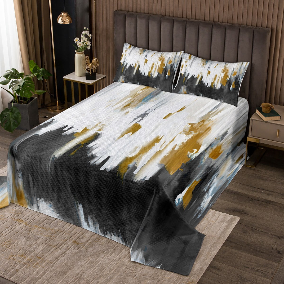 YST Black Grey Coverlet King Size Brush Strokes Oil Painting Bedding