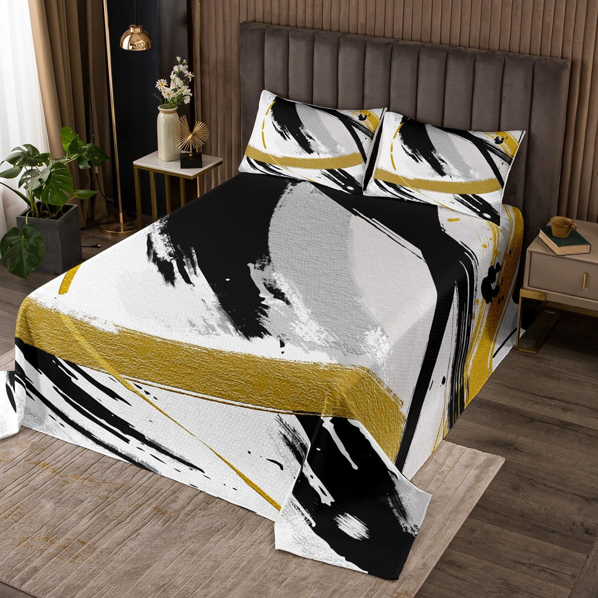 YST Black Grey Gold Twin Quilt Set Brush Strokes Oil Painting Coverlet