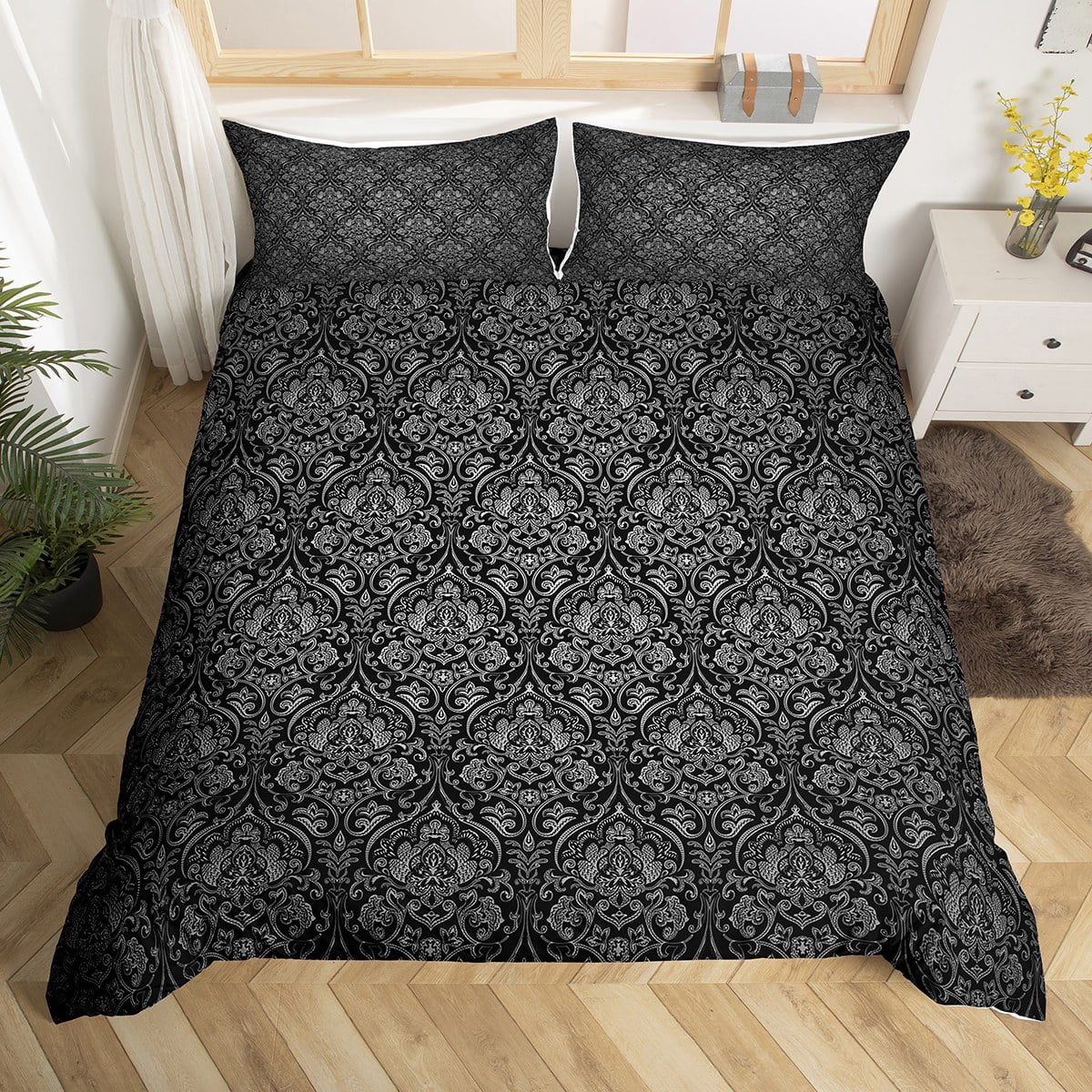 YST Black Grey Ombre Gothic Bedding Set For Adults Men Twin,Antique Victorian Baroque Floral ...