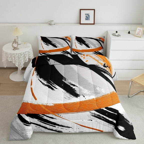 Black Grey Orange King Comforter Set Brush Strokes Oil Painting Bedding Set Gradient Abstract Vintage Bedding Comforter Sets Ombre Graffiti Duvet Sets Contemporary Modern Quilted Comforter