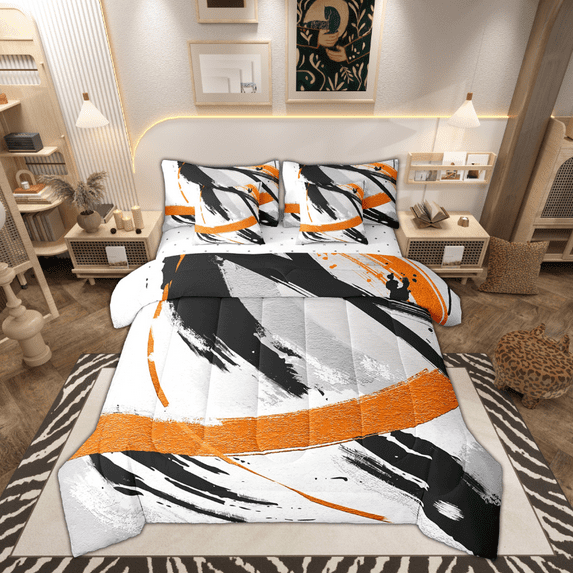 Black Grey Orange Twin Comforter Set 7-Piece Brush Strokes Oil Painting Bedding Comforter Sets, Gradient Abstract Vintage Bed in a Bag Ombre Graffiti Bedding Set, Modern Bed Sheets Set