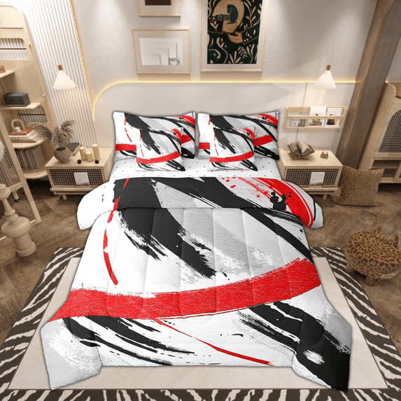 Black Grey Red Bedding Twin Size 7pcs Brush Strokes Oil Painting Comforter Set, Gradient Abstract Vintage Bedding Comforter Sets Ombre Graffiti Bed in a Bag, Modern Bedding Accessories