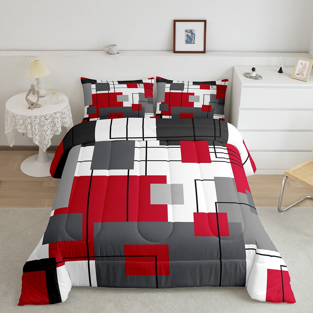 YST Black Grey Red Comforter Set Twin Geometry Square Bedding Set For