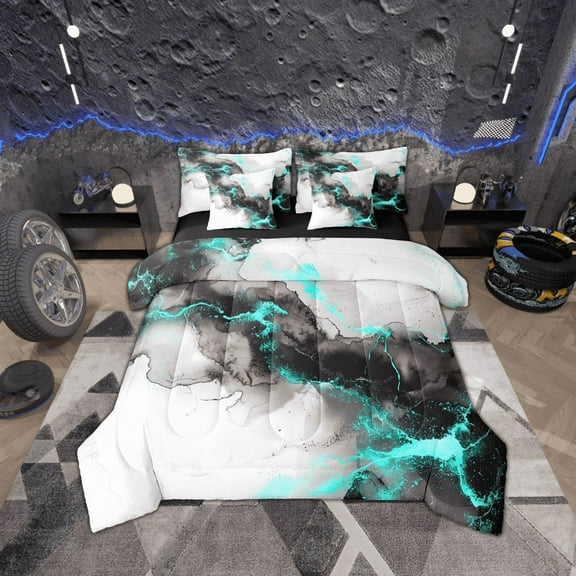 Black and Grey Teal Bed in a Bag 7pcs Marble Aesthetic Bedding Set, Modern Marbling Twin Size Comforter Set Watercolor Foil Print Bedding Comforter Sets, Stone Pattern Bed Set