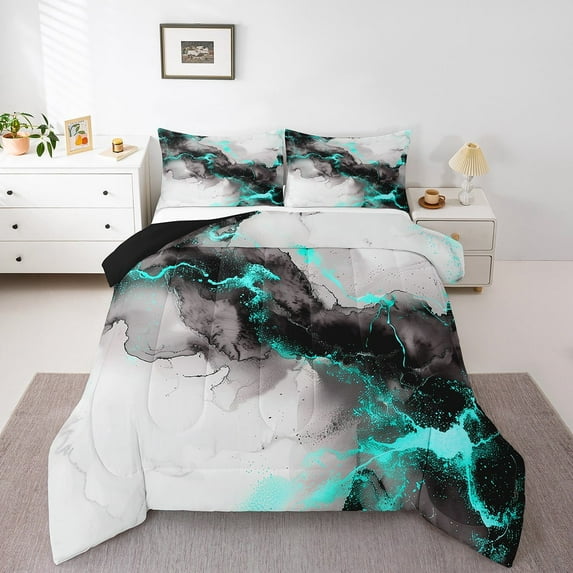Erosebridal Black and Grey Teal Queen Comforter Set Marble Aesthetic Bedding Set Queen, Modern Marbling Bedding Comforter Sets Watercolor Foil Print Duvet Set, Stone Pattern Quilted Comforter