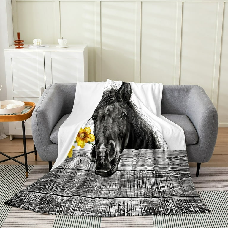 YST Black Horse Blanket Horse Print Throw Blanket Kawaii Yellow Floral Fleece Blanket Rustic Wooden Board Fuzzy Blanket Vintage Country Bedroom Decor
