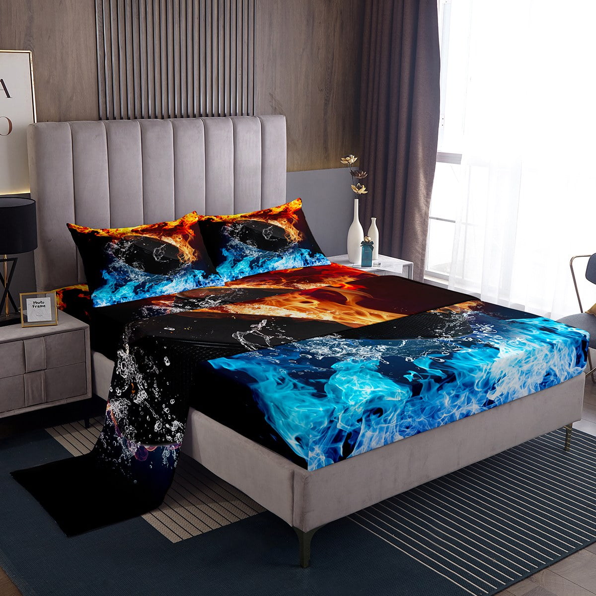 YST Black Ice Hockey Bed Set Fire and Ice Bed Sheets Set, Ball Gaming