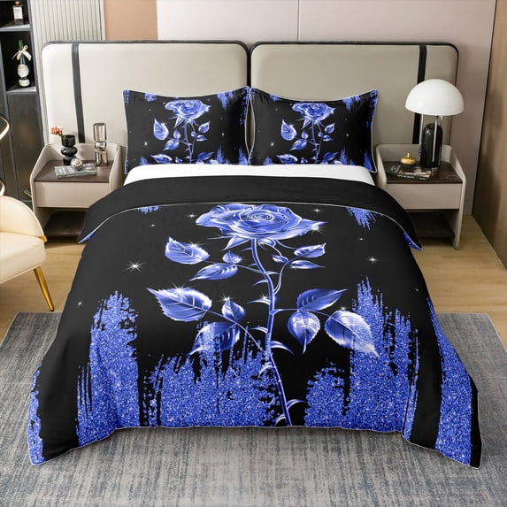 Black Indigo Print Shiny 100% Cotton Duvet Cover King,Rose Bedding Set for Women,Galaxy Glitter Sparkle(Not Real)Bed Sets,Rose Quilt Cover with 2 Pillowcases,no Comforter