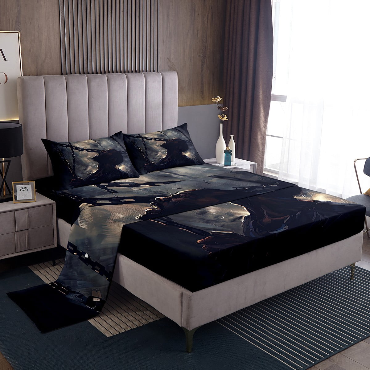 YST Black King Sheets Prison Jail Bars Bed Set, Iron Chain Print Bed