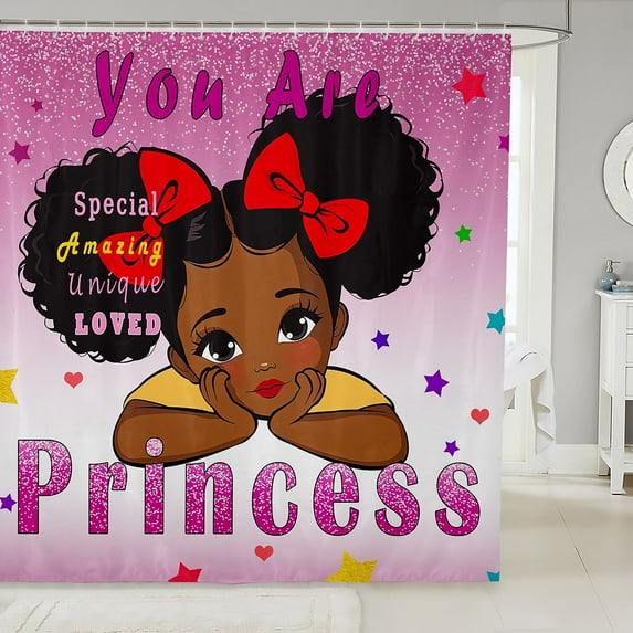 Black Bathroom Curtain 72"Wx72"L American African Princess Shower Curtain Cute Bathtub Curtain Kawaii Magicalpink Black Bathroom Accessories 12 Hooks