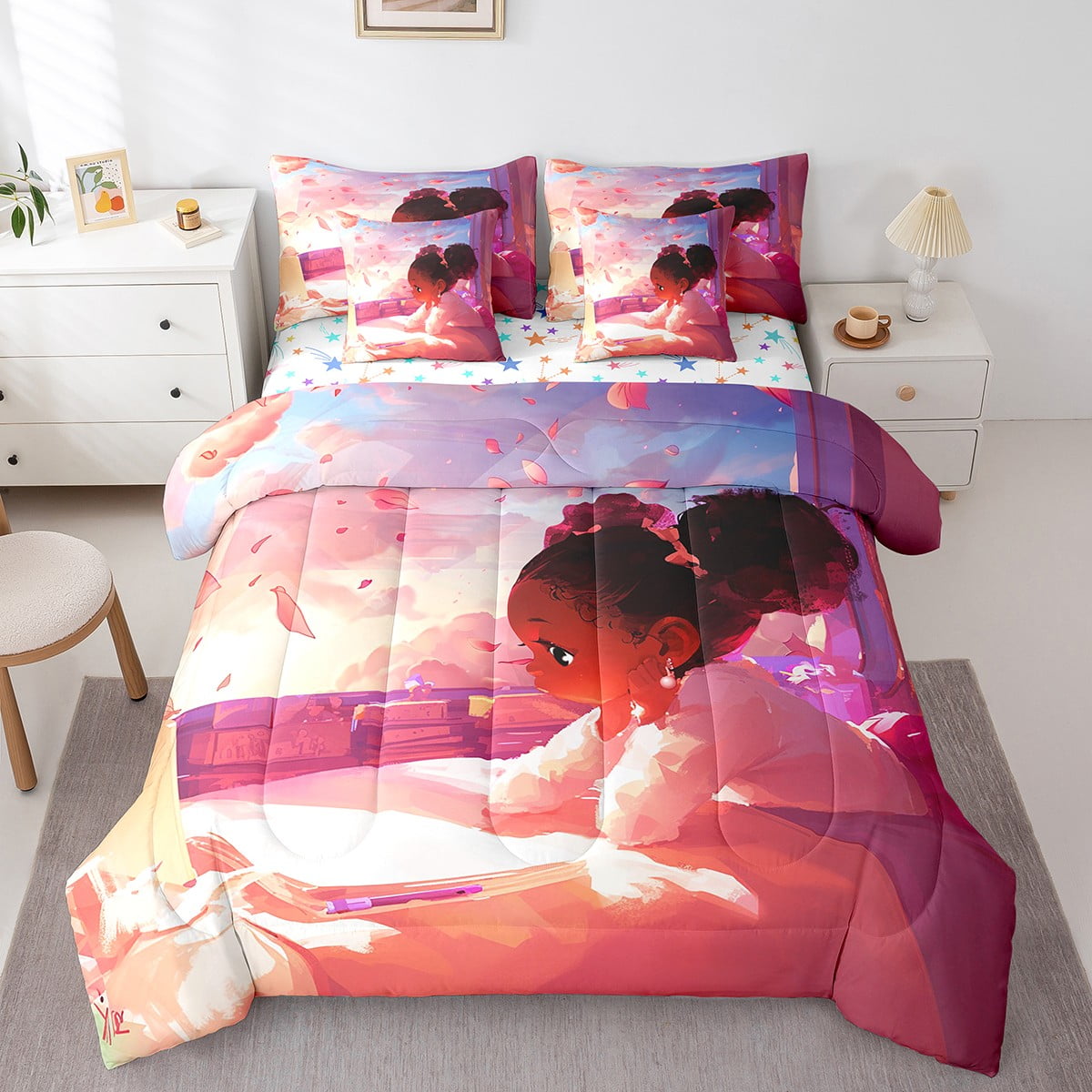 Erosebridal Kids Princess 7 Piece Comforter Set - Full Size, Microfiber, Pink Castle & Rainbow Design