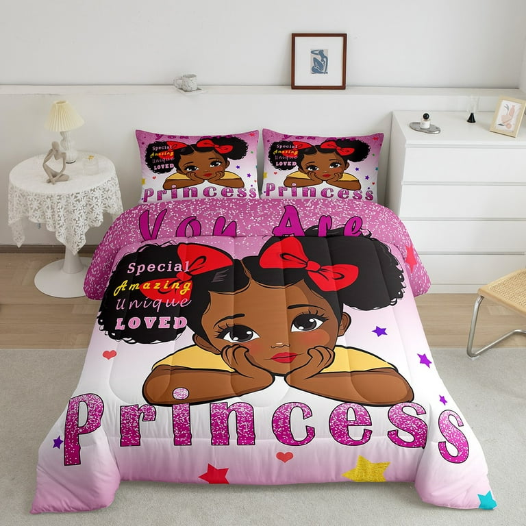 YST Black Little Girl Queen Bedding Sets For Girls American African Princess Girl Comforter Set Cute Reversible Colorful Stars Down Comforter Kawaii Magical Bed Set Pink Black Room Decor Walmart