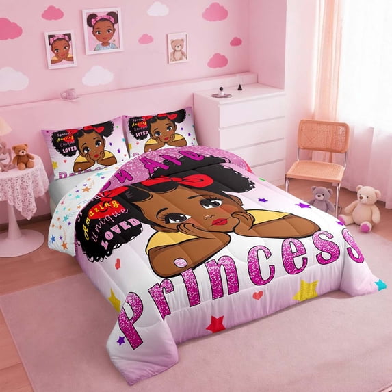 Black Queen Bedding Sets American African Princess Comforter Set Cute Reversible Colorful Stars Down Comforter Kawaii Magical Bed Set Pink Black Room Decor
