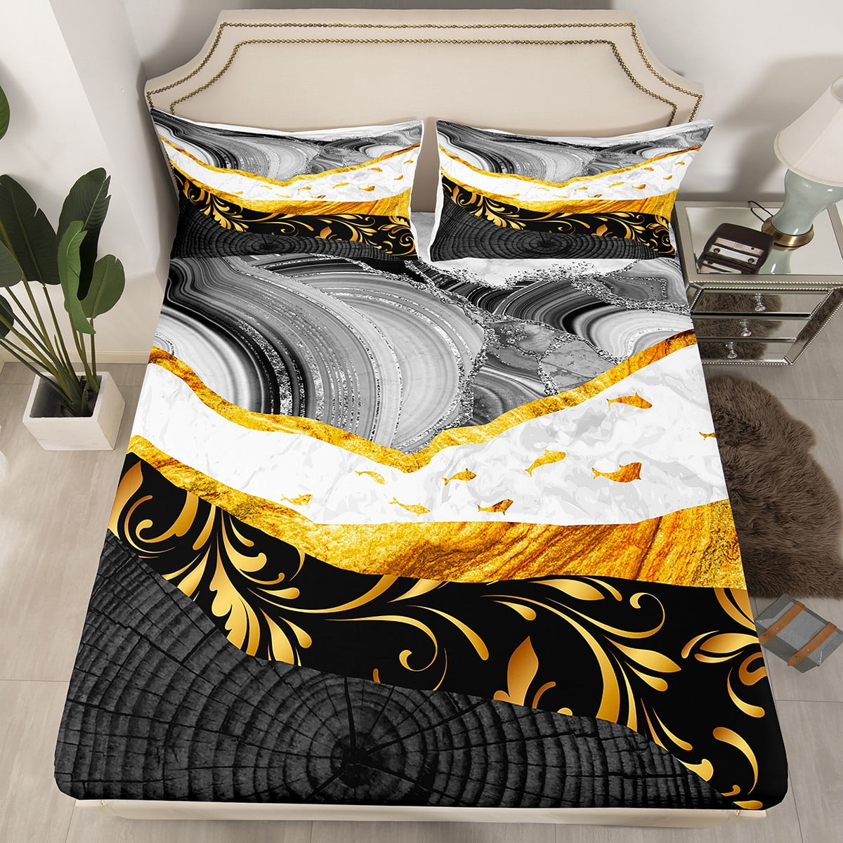 YST Black Marble Fitted Sheet Full Size Gold Metallic Marble Bed Set 3 Pieces Artwork Design for ...