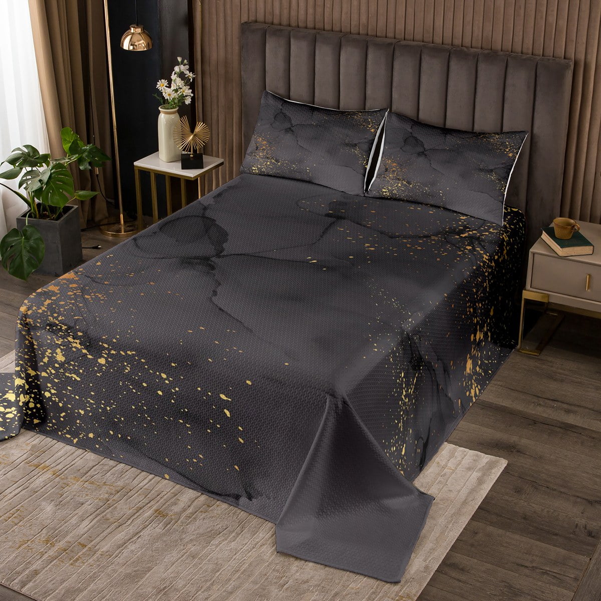 YST Black Marbling Coverlet Twin Size Gold Metallic Sequin Bedding Set