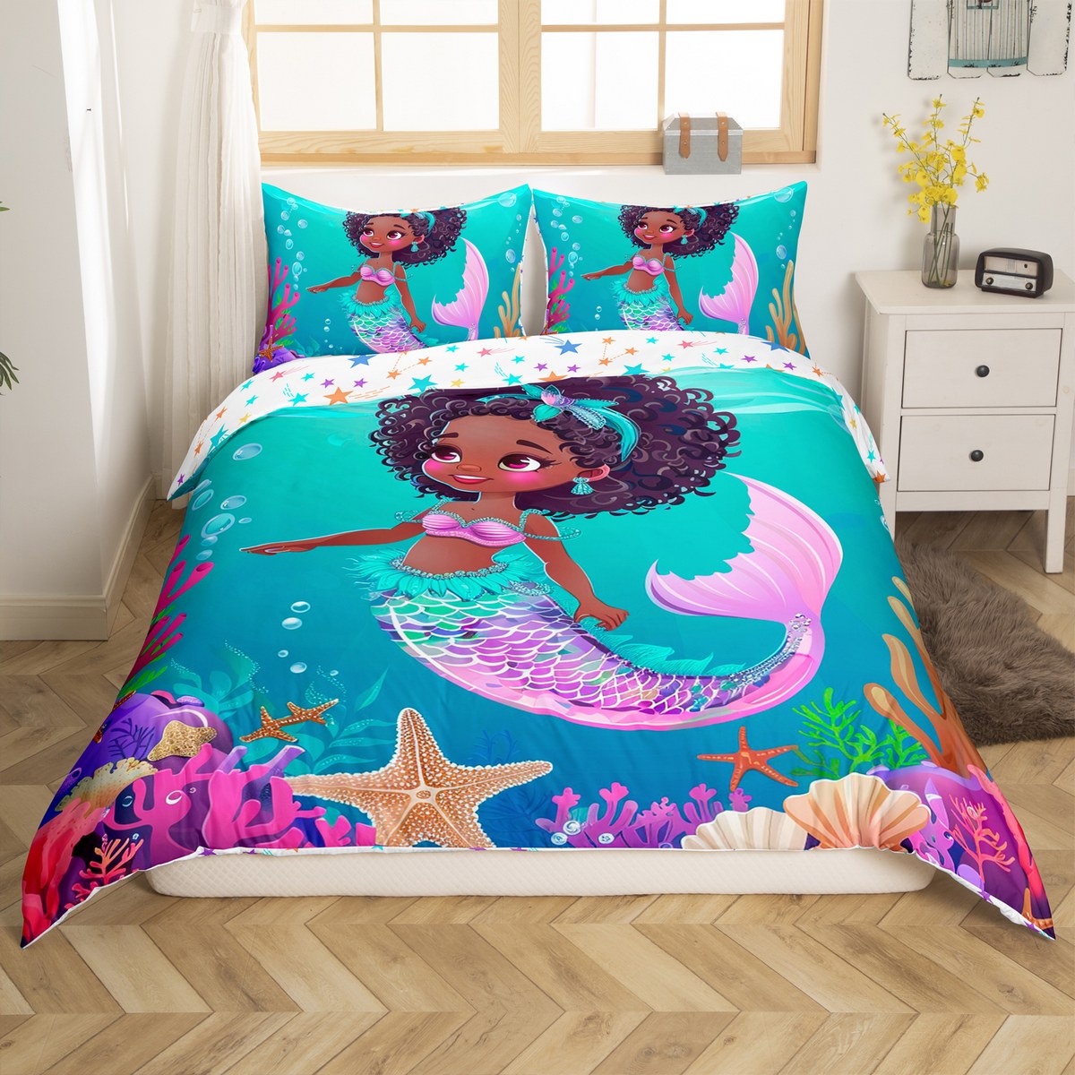 YST Black Mermaid Comforter Cover Queen Black Princess Girl Bedding Set Cute Ocean Mermaid Bed
