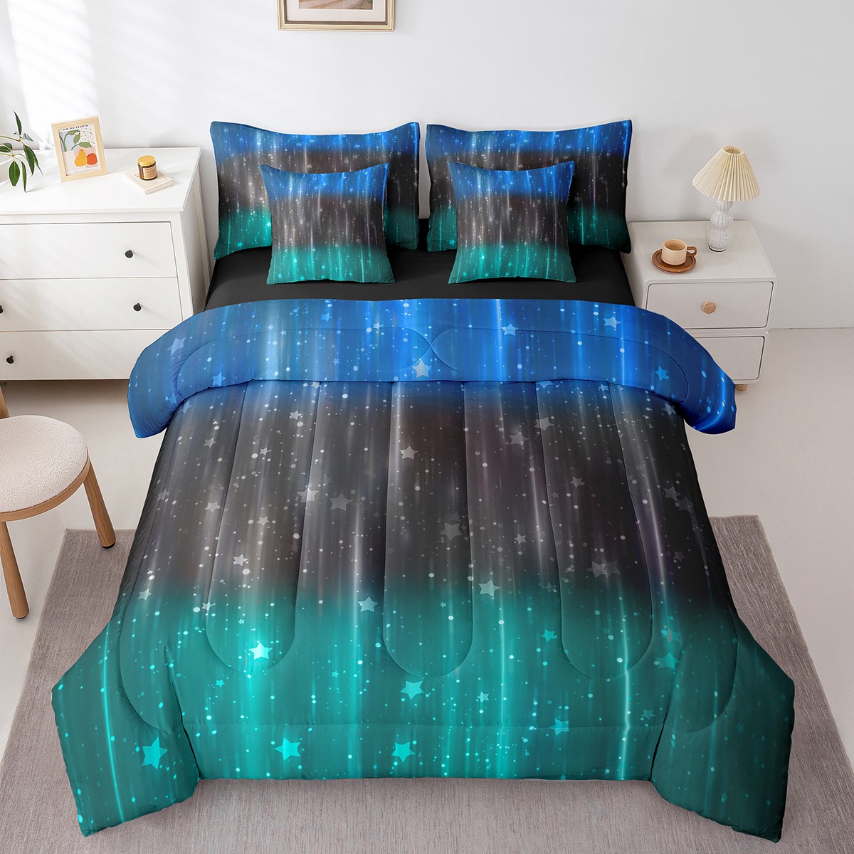 Image showcasing Black Navy Blue and Teal Bed in a Bag 7pcs Modern Ombre Bedding Set ...