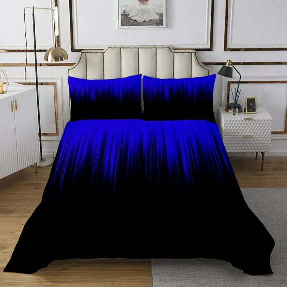 Black Navy Blue Twin Quilt Set Gradient Aesthetic Coverlet Set, Watercolor Lines Bedding Set Bedroom Decor