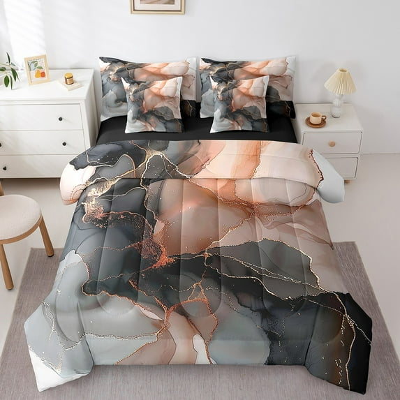 Black and Orange Bedding Twin Size 7pcs Aesthetic Marble Comforter Set Women, Foil Print Bedding Comforter Sets Mountain Fluid Bed in a Bag, Marbling Bedding Accessories