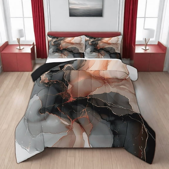 Black and Orange King Bedding Sets Aesthetic Marble Comforter Set Women, Foil Print Duvet Insert Mountain Fluid Down Comforter, Marbling Bedding Comforter Sets