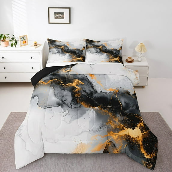 Erosebridal Black Orange Marble Bedding Queen Size Watercolor Artwork Comforter Set Queen, Abstract Foil Print Duvet Insert Aesthetic Marbling Quilt Set, Mountain Fluid Bedding Comforters & Sets
