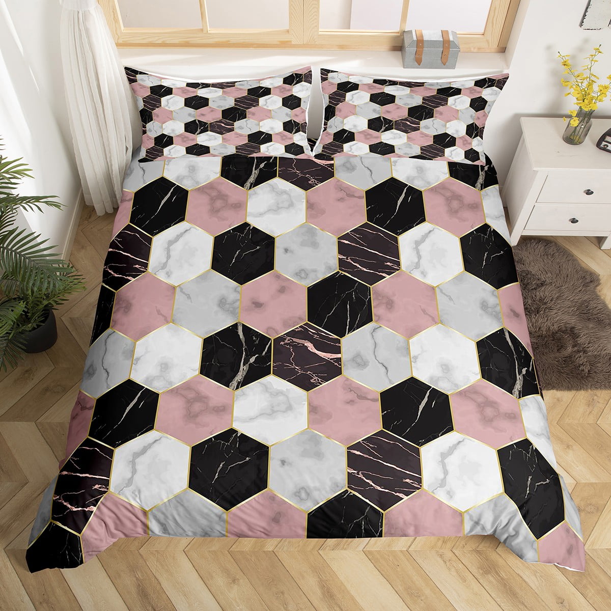 YST Black Pink Grey Bedding Sets Queen Marbling Marble Comforter Cover