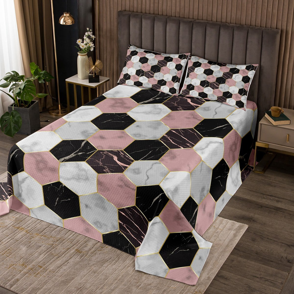 YST Black Pink Grey Bedspread King Size Marbling Marble Quilt Set