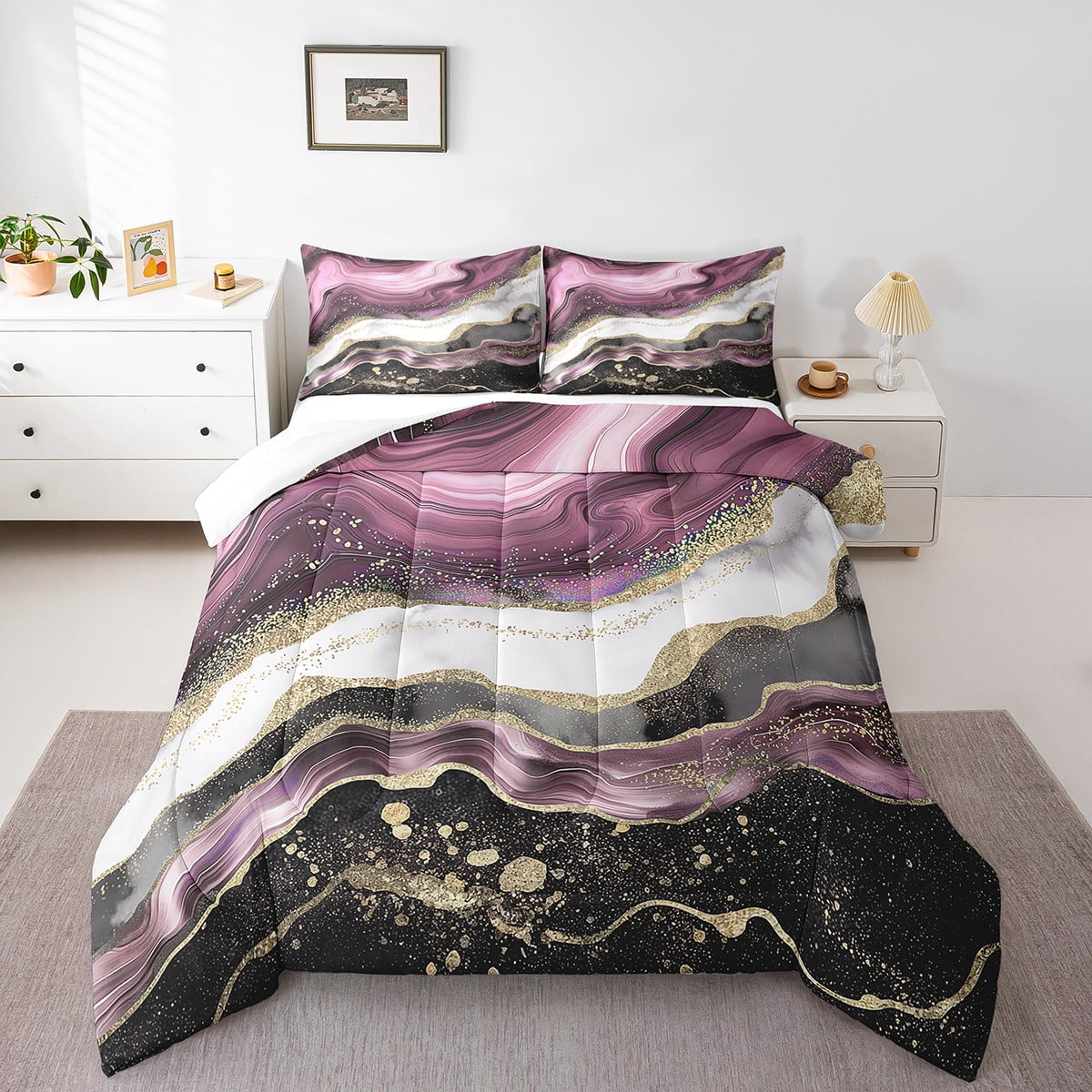 YST Black and Pink Marbling Comforter Set Full for Girls Watercolor
