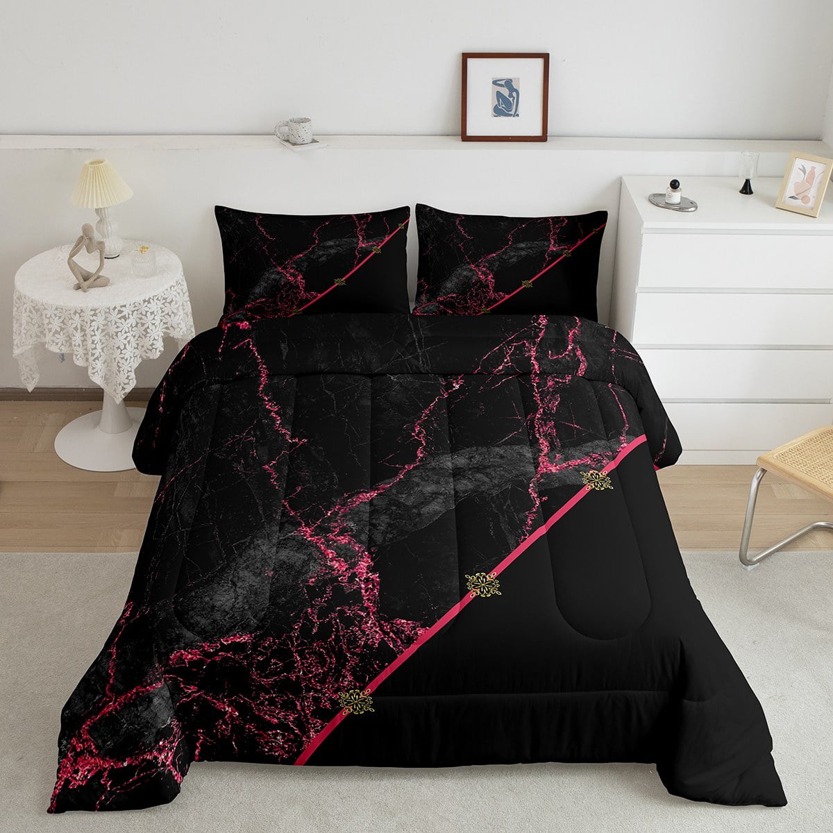 YST Black Pink Ombre Bedding Set Queen for Kids Teens Adults Red Marble