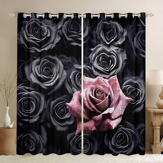Black Pink Rose Curtains & Drapes Romantic Floral Curtains 30%-50% Blackout,Roses Window Curtains for Women Living Room,Couple Wedding Valentines Day Gifts Flower Curtains
