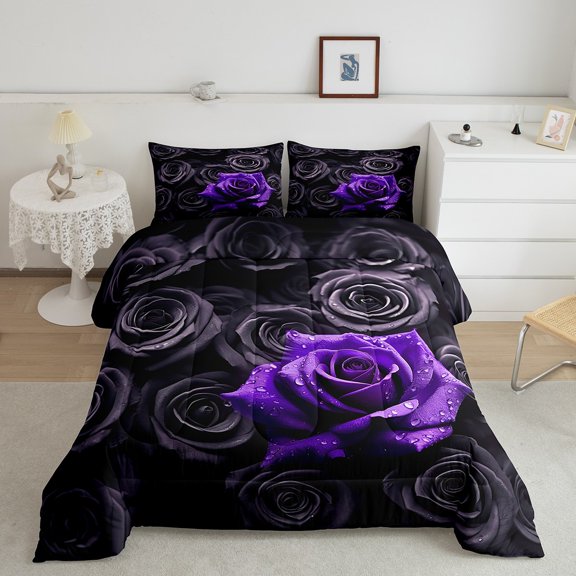 Black and Purple Rose Comforter Set King Romantic Flowers Bedding Set,3D Roses Comforter Set for Women ,Wedding Valentines Day Bedroom Decor Blossom Floral Quilt Duvet Set 3Pcs