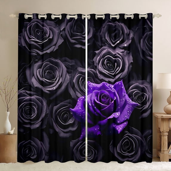Erosebridal Black Purple Rose Curtains & Drapes Romantic Floral Curtains Blackout,Roses Window Curtains for Women Living Room,Couple Wedding Valentines Day Flower Curtains